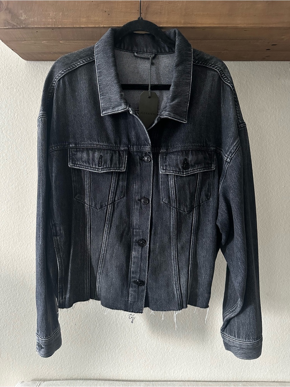 NWT AllSaints Piper Oversized Denim Jacket, Washed Black, Charcoal, Sz 10